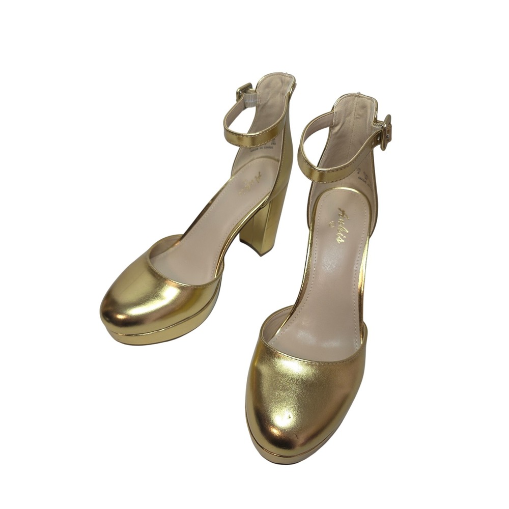 Aukis Womens Gold Metallic Platform Block Heel Ankle Strap Pumps Size 8 EUR 39